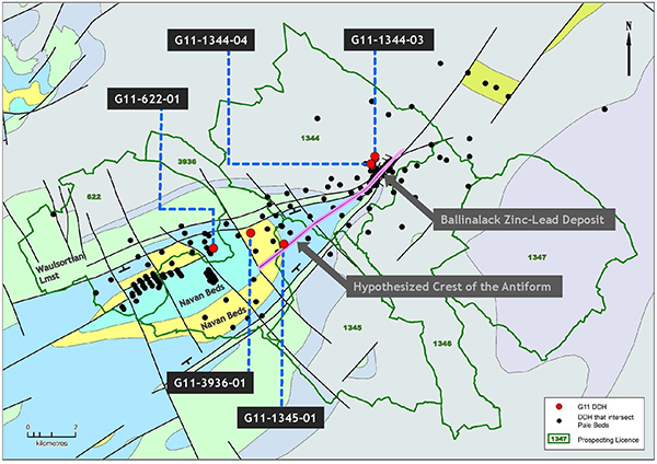 Exhibit 1. Drill Hole Location Map Showing Crest of Antiform, Ballinalack Project, Ireland