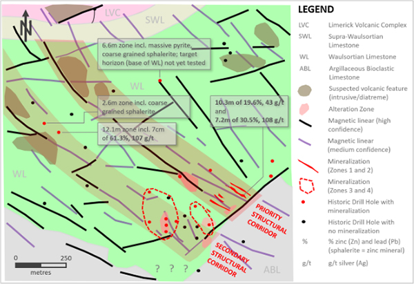 Exhibit 2. ‘After’ Geological Map (with Ground Magnetic Data) of Carrickittle Zinc Prospect, PG West