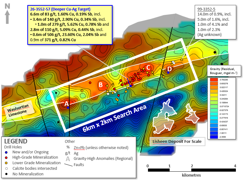 Exhibit 5. Regional Gravity Map Showing 6km Long Prospective Trend at Ballywire