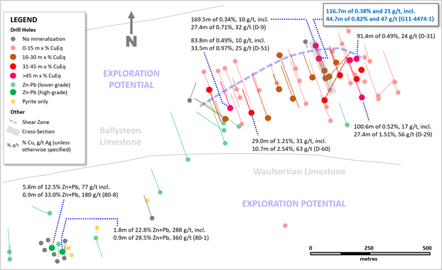 Plan Drill Hole Map of Denison Prospect, PG West Project (100% interest), Ireland
